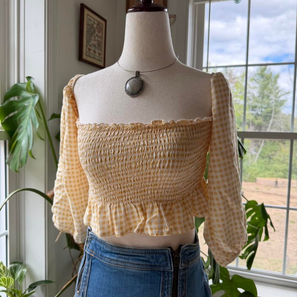 Yellow Ruffle Sleeve Gingham Crop Top Small